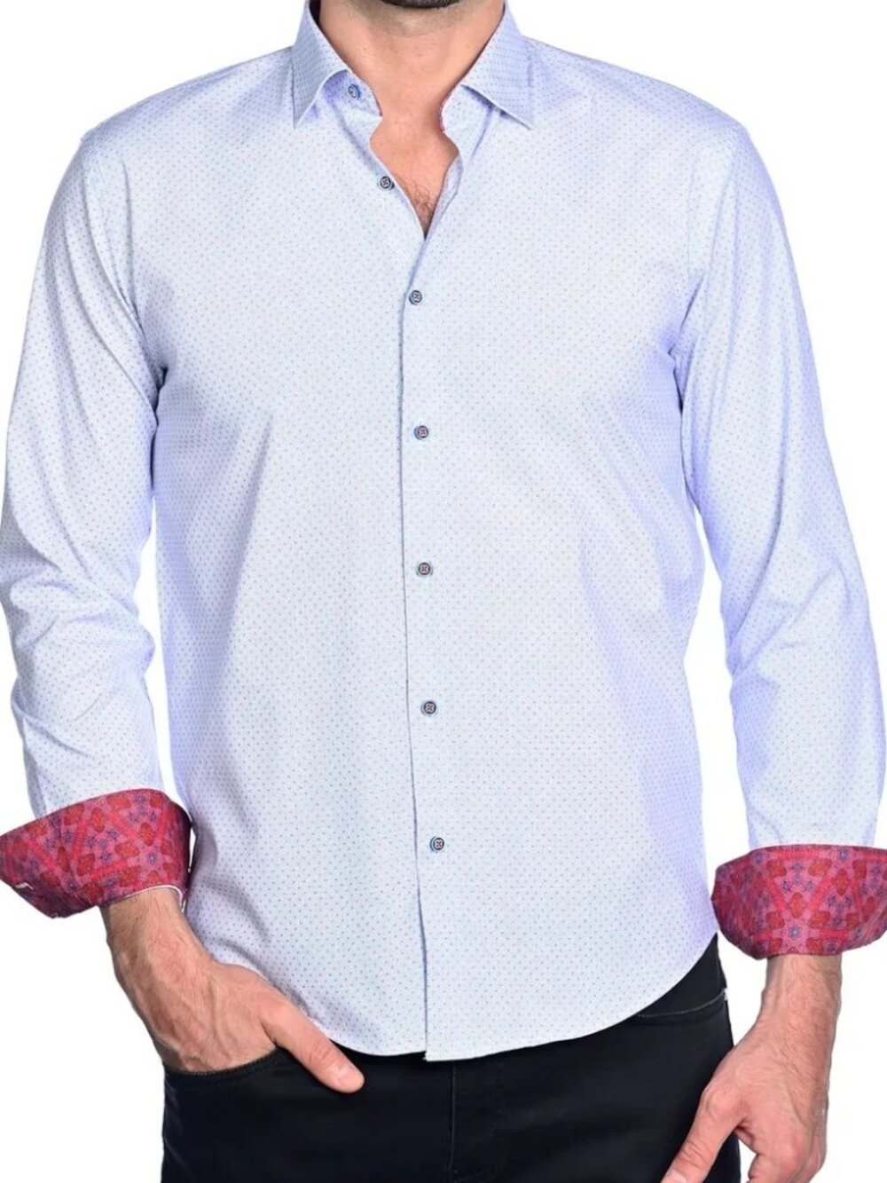 Mizumi White With Blue And Red Dot Print Long Sleeve Button Up/4347